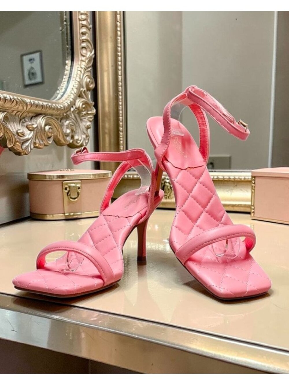 Quilted Pink Strappy Heels With Adjustable Ankle Strap & Square Toe Design Elega - Picture 2 of 13